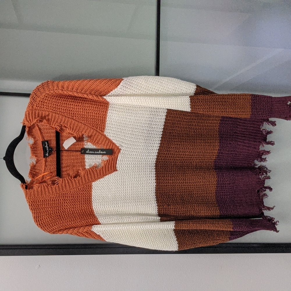 NWT distressed fringe color block knit crochet sweater L  NWT festival boho